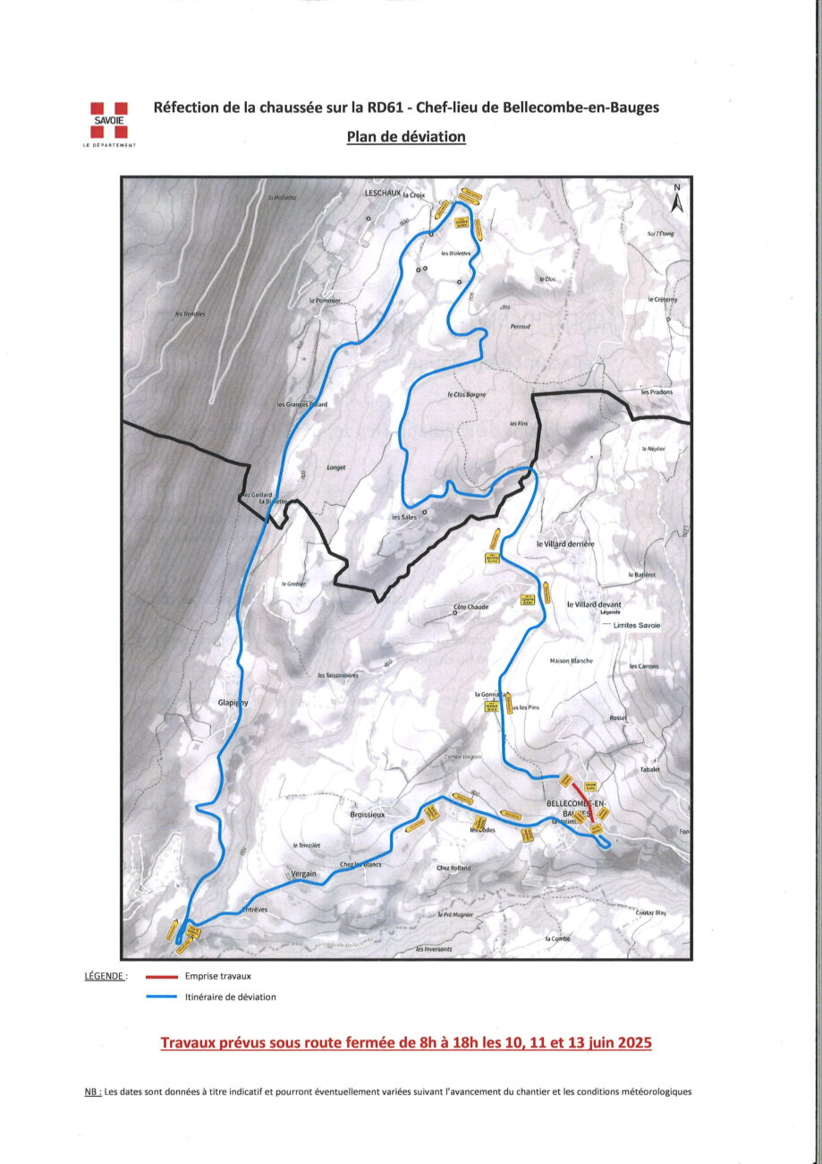 RAPPEL : Travaux : Fermeture RD 61 Route de Bellecombe en Bauges / 10-11 et 13 juin 2025