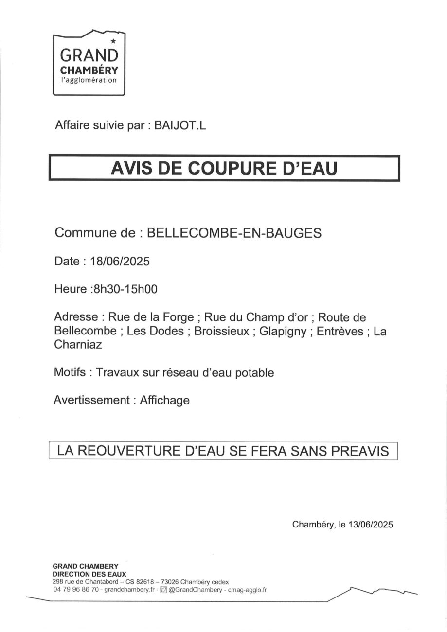Avis de coupure d’eau mercredi 18 juin 2025