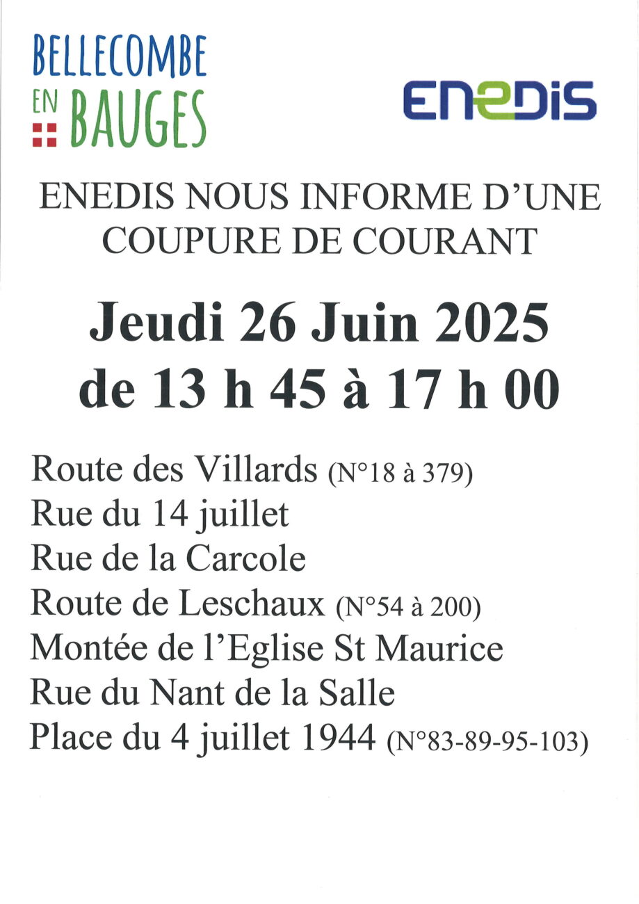 COUPURE DE COURANT – secteur Chef-Lieu – Jeudi 26 Juin 2025 de 13 h 45 à 17 h 00