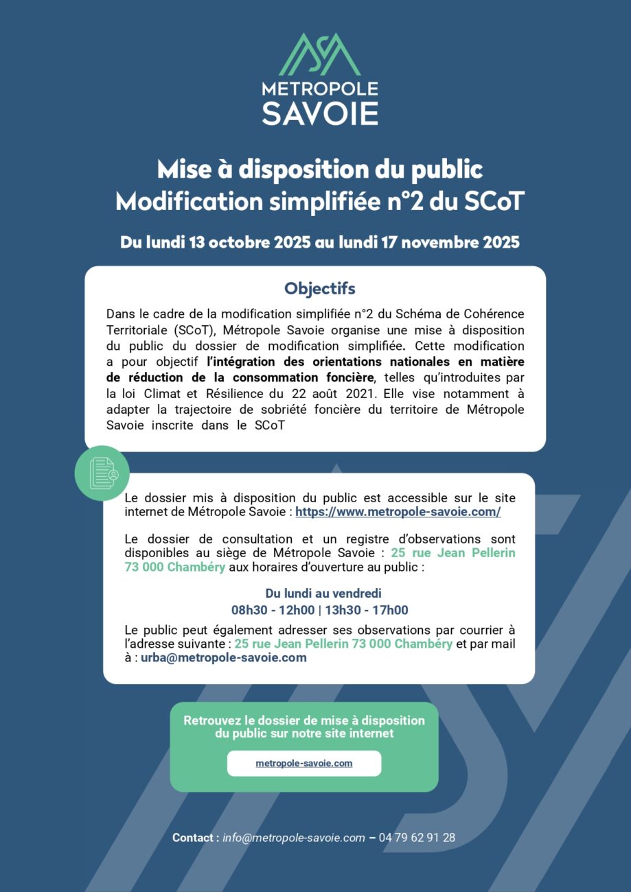 MÉTROPOLE SAVOIE : Mise à disposition du dossier de modification simplifiée n°2 du SCoT