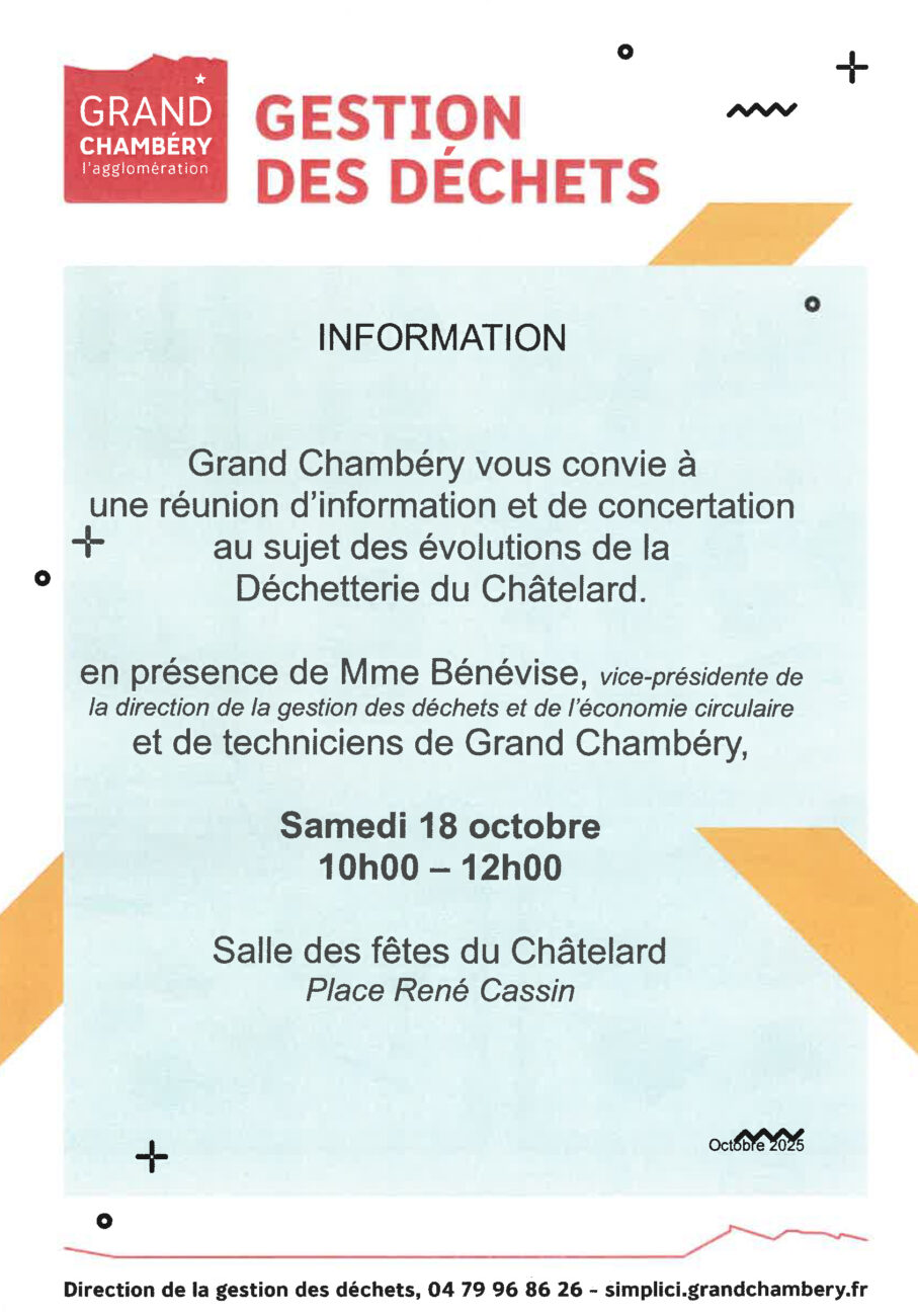 Grand Chambéry Gestion des déchets – Réunion publique – Samedi 18 octobre – Salle des fêtes du Châtelard