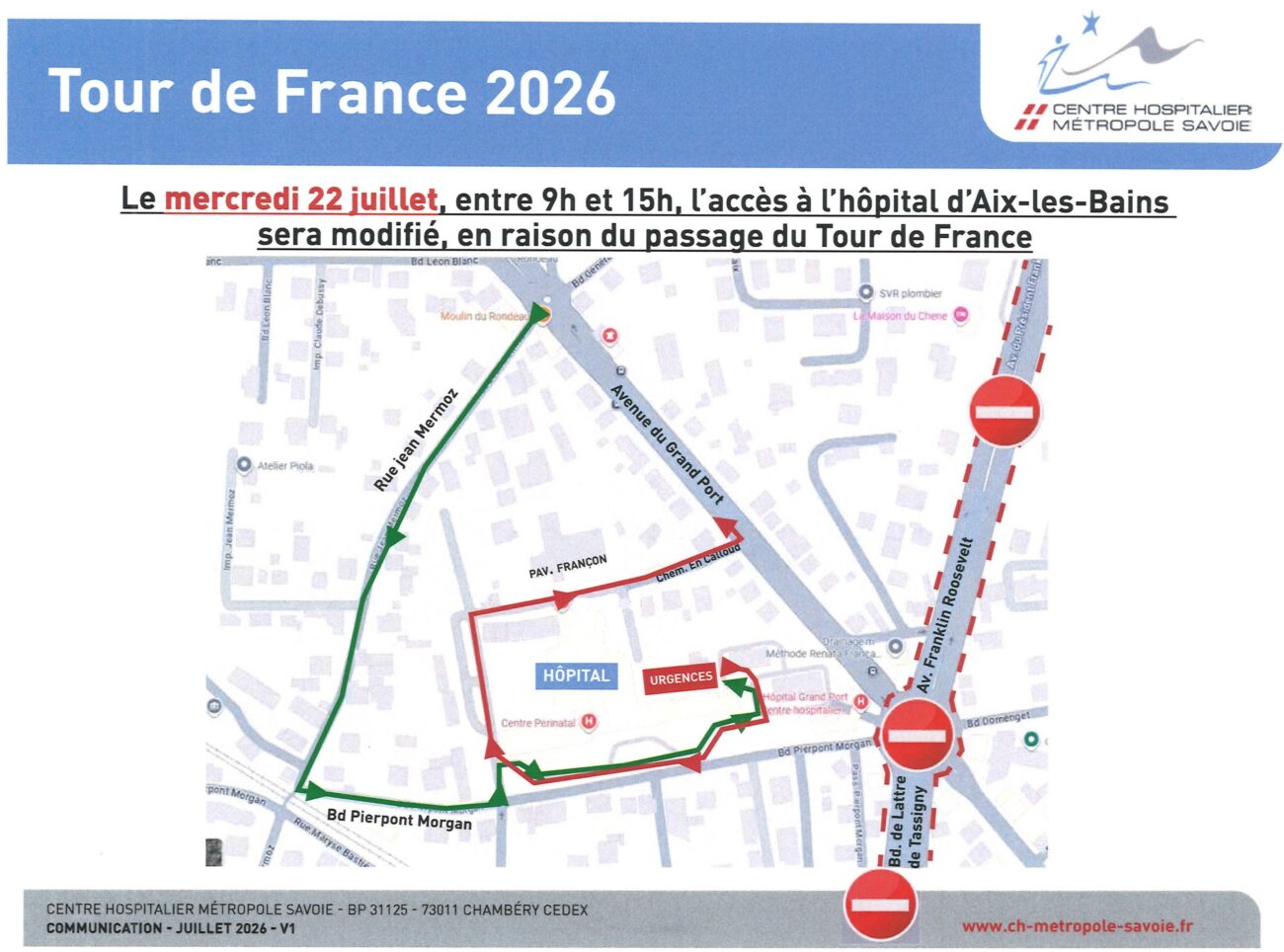 Tour de France 2026 – Information sur les conditions d&rsquo;accès aux sites du Centre Hospitalier Métropole Savoie (Chambéry et Aix-les-Bains) le 22 juillet 2026