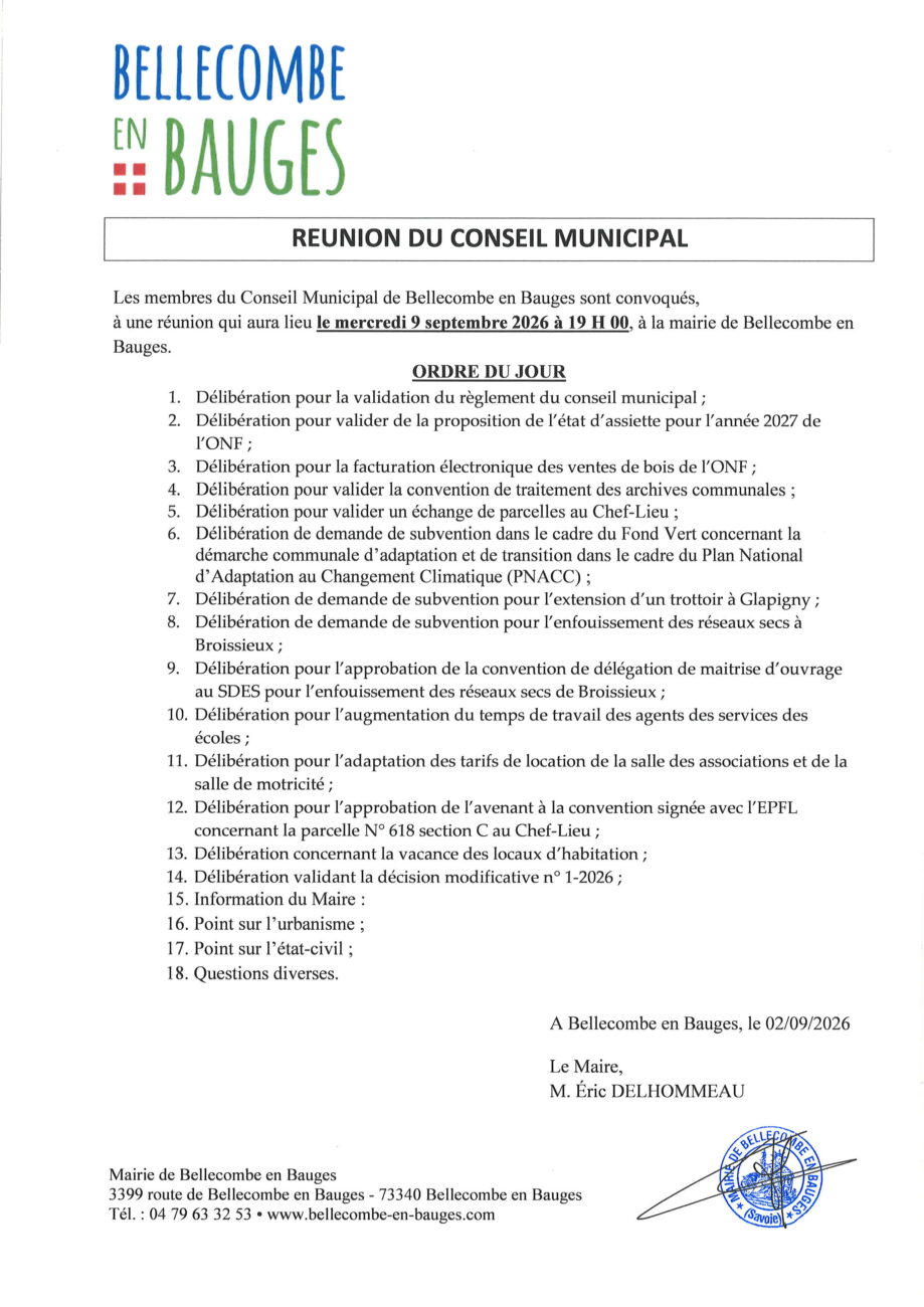 Ordre du jour du conseil municipal du 9 septembre 2026